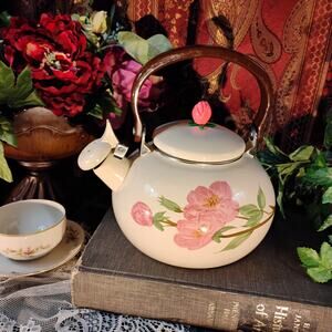 Franciscan Desert Rose Tea Kettle Vintage Floral Enamelware Teapot & Rosebud Lid